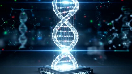 Futuristic DNA structure hologram glowing on a computer chip for technology science - Powered by Adobe