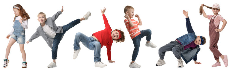 Cute children dancing on white background. Collage of portraits © New Africa