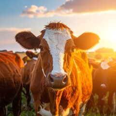 A cow stares directly at the viewer, backlit by a sunset