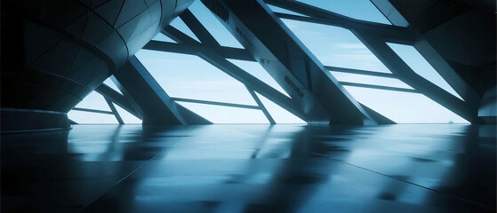 A modern abstract architectural structure with geometric shapes and light reflections creating a futuristic interior scene.