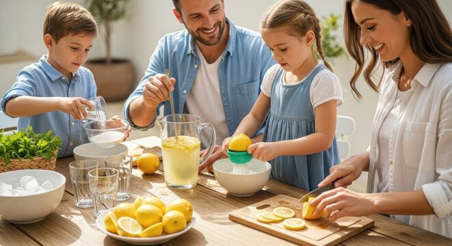 Family enjoying day of goodwill making fresh lemonade together