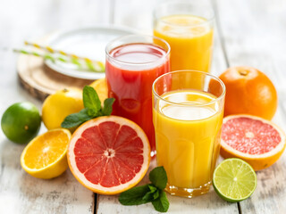 Glasses of juice and citrus fruits