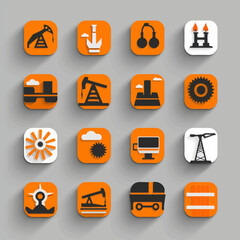 A grid of 16 industrial icons on orange squares with shadows, representing energy and production