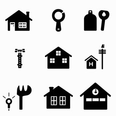 A grid of nine black and white icons depicting tools, houses, and utilities, with simple shapes