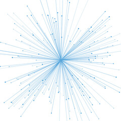 Obraz premium Blue abstract starburst line design radiating symmetrically from center with light dots, futuristic geometric explosion on white background for digital graphic wallpaper