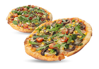 Different delicious pizzas in air on white background