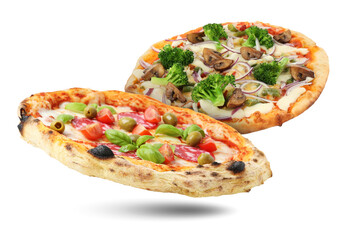 Different delicious pizzas in air on white background
