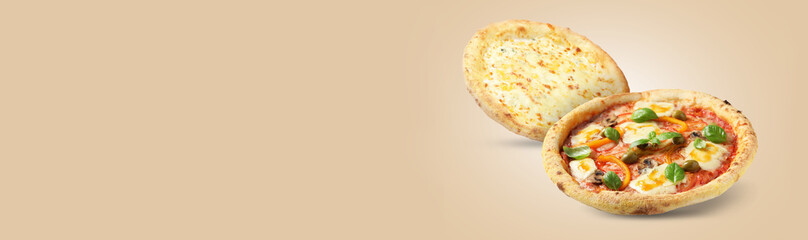 Different delicious pizzas in air on beige background. Banner design with space for text