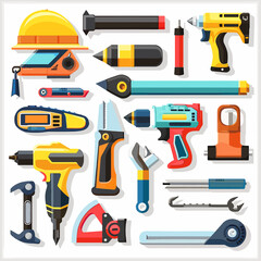 A collection of colorful, flat-designed tools for construction, repair, and related tasks