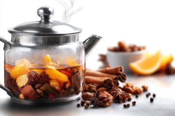 Glass teapot filled with hot spiced tea featuring cinnamon sticks and orange slices perfect for a cozy autumn beverage