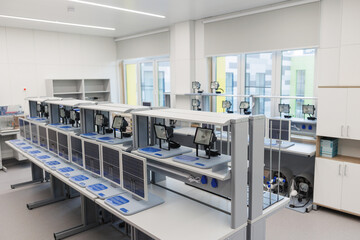Modern STEM Laboratory Classroom with Organized Workstations and Equipment