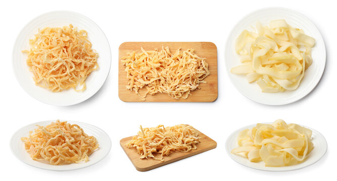 Dried squid. Tasty snacks on white background, collage. Top and side view