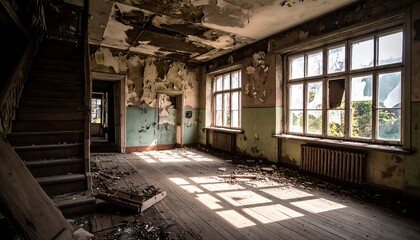 Dilapidated building interior with peeling paint and broken windows