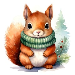 A cozy cartoon squirrel with a green scarf in a winter scene