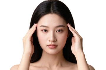 Close-up shot of a young woman with flawless skin gently touching her forehead, showcasing her natural beauty.