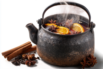Mulled wine in a rustic kettle garnished with orange slices and star anise a warm and festive winter beverage