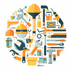 A colorful illustration of various construction tools arranged in a circle on a white background