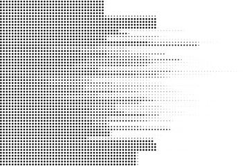 Black halftone pixelated dissolve effect, fading horizontally into white, modern minimalist dotted texture background for creative composition