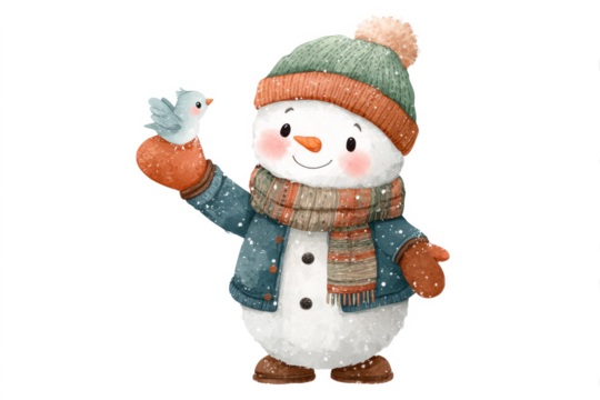 Cute snowman with a bird watercolor illustration for winter holidays isolated on white background