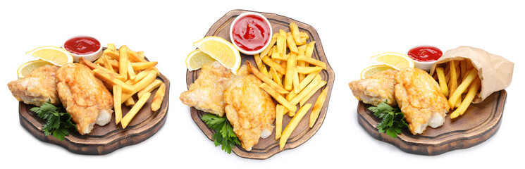 Fish and chips with lemon and sauce isolated on white, collage. Top and side view