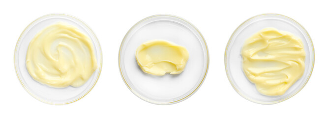 Petri dishes with cosmetic product on white background, top view