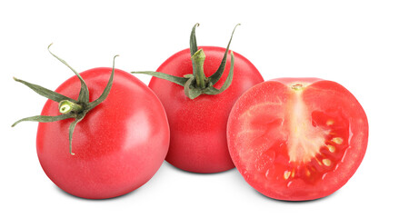 Fresh tomatoes isolated on white. Whole and sliced