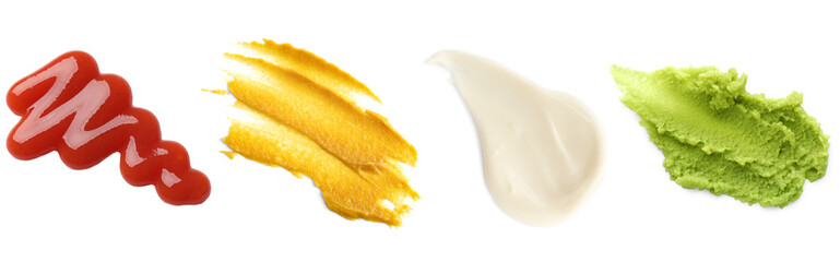 Mustard, ketchup, mayonnaise and wasabi isolated on white, collage