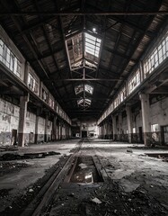 Dilapidated industrial building's interior with decayed roof and pillars