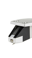Close-up view of a silver and black turntable cartridge with a stylus needle.