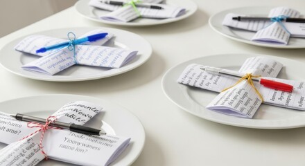 Festivus celebration table setting with wrapped silverware and pens on plates for unique holiday gathering design