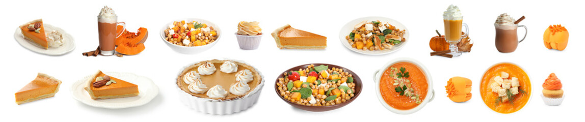 Collection of dishes, desserts and drinks made with pumpkin isolated on white