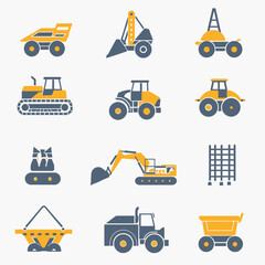 A graphic showing icons of heavy machinery including bulldozers, trucks, and excavators. These are in gray and gold