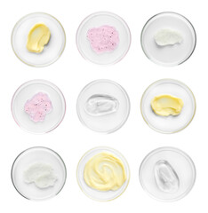 Petri dishes with cosmetic products on white background, top view