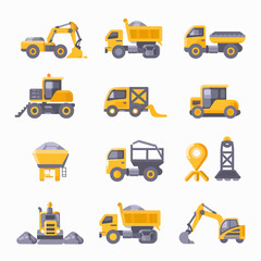 Illustration featuring various yellow construction vehicles and related icons on a white background
