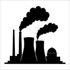 Silhouette of nuclear power plant with cooling towers and smoke, concept of energy production, pollution, environment, industry, sustainability, background design, educational and editorial use