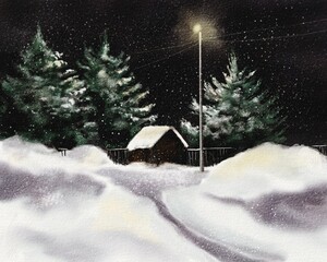 Hand-painted Watercolor Winter Night Landscape