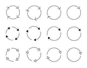 Fototapeta premium Different circular arrows of black color, different thickness and size. Vector