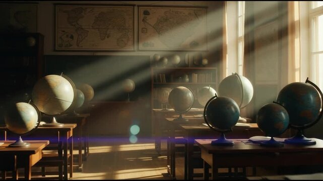 Sunlit classrooms: vintage maps and globes dancing in golden light. 4k Video footage