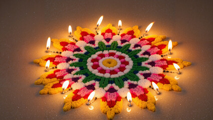 Colorful rangoli design with oil lamps for Diwali celebration  