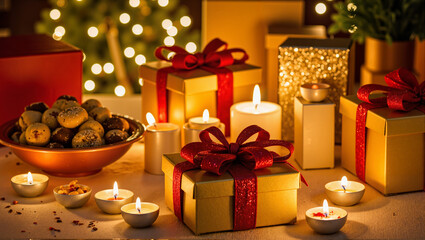 Festive Diwali gifts with candles and sweets on table setting  