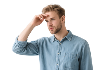 A man in a blue shirt has a pensive expression, touching his forehead, showing a state of deep thought.