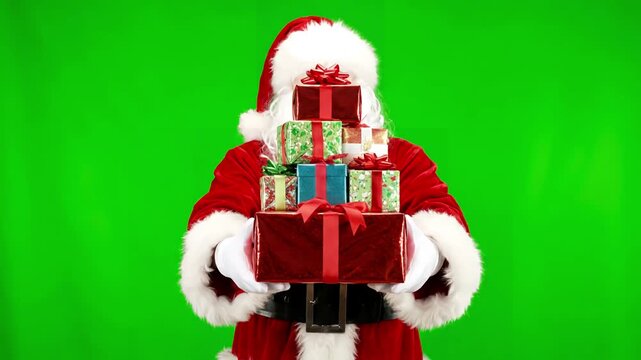 Green Screen Compositing with santa gifts on old authentic claus holding christmas gift boxes in both hands chroma key background for keying distortion, overlay, glitch, static noise, scan lines black