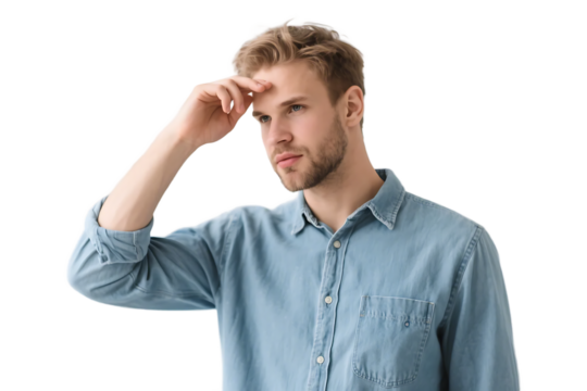 A man in a blue shirt has a pensive expression, touching his forehead, showing a state of deep thought.