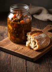 Hearty beef and vegetable stew in a glass jar with bread on a wooden cutting board