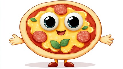Friendly pizza character smiling, featuring pepperoni and basil toppings, with arms open