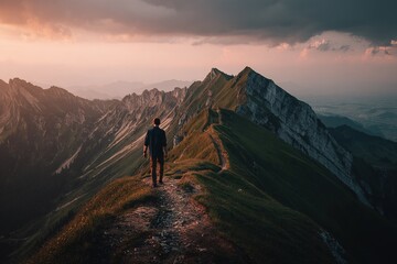 Fototapeta premium Hiker explores a scenic mountain ridge during sunset with dramatic clouds over the landscape