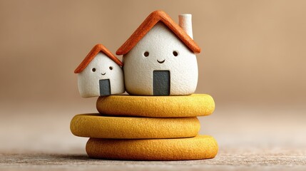 A charming display of ceramic houses, symbolizing home and family, resting on soft golden rings, Ideal for themes of real estate, family, investment, or childhood nostalgia,