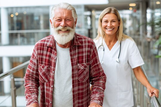 Elderly man enjoys smile while walking with nurse in a modern healthcare facility