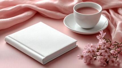 Soft pink fabric sets a peaceful scene with a cup and a blank book among blossoms