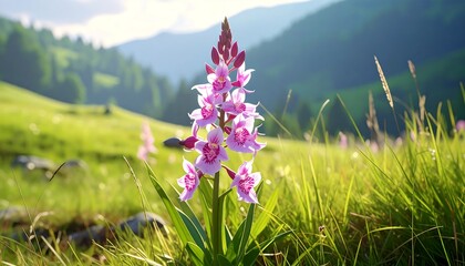 Close-up of pink wildflowers in a lush green field